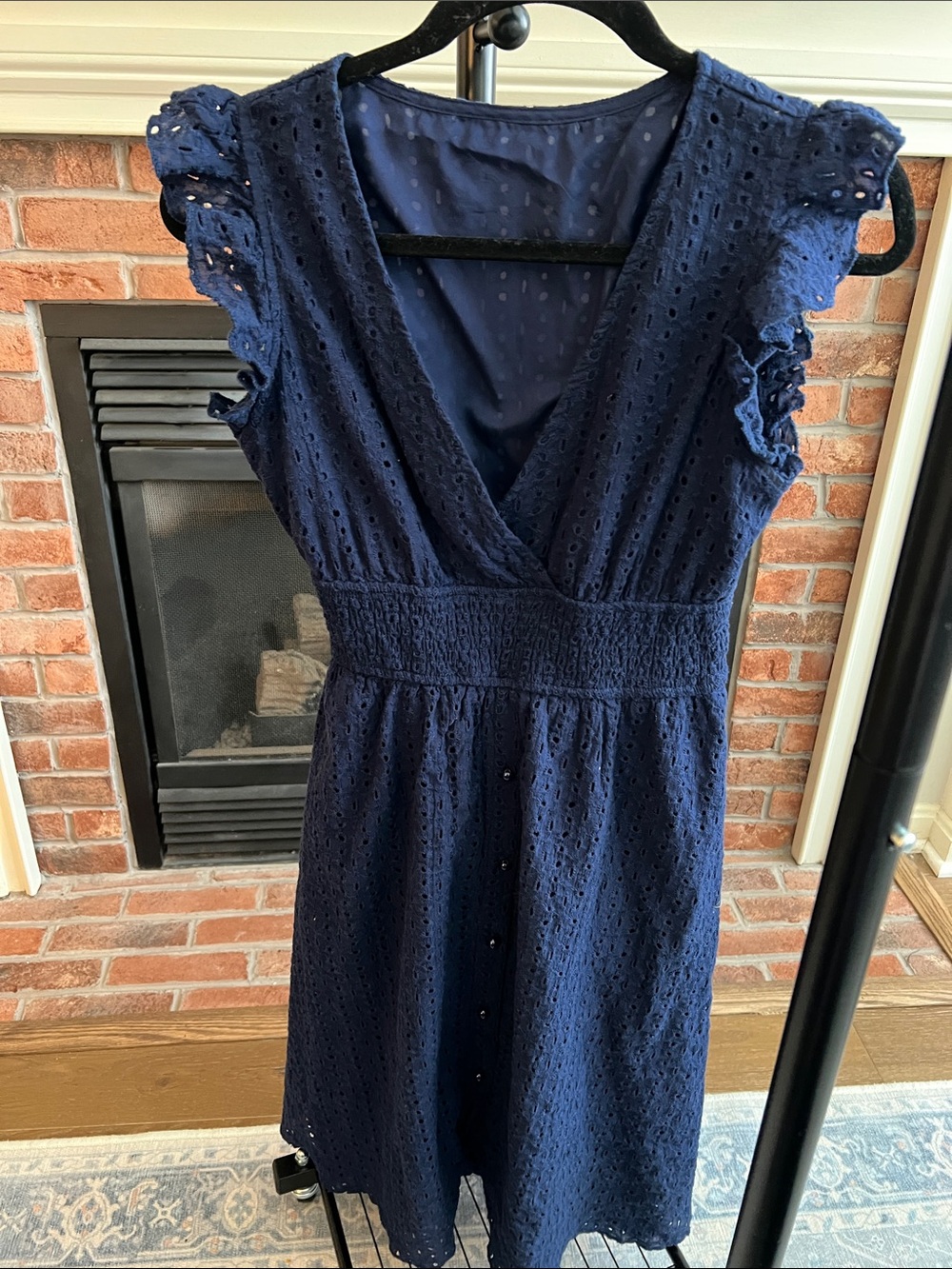 Navy Eyelet Midi Dress with Ruffle Sleeves